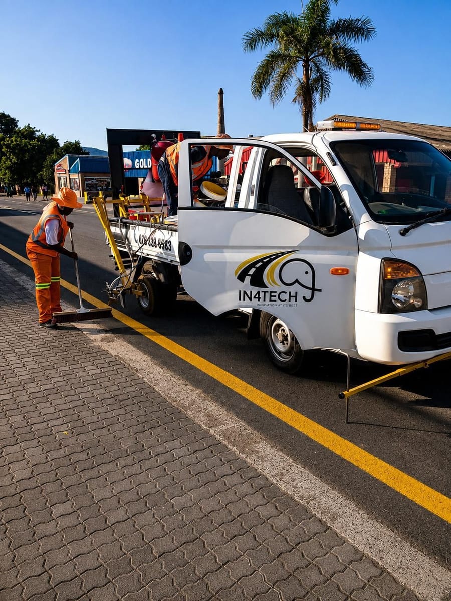 In4Tech team painting road lines beside a branded company bakkie
